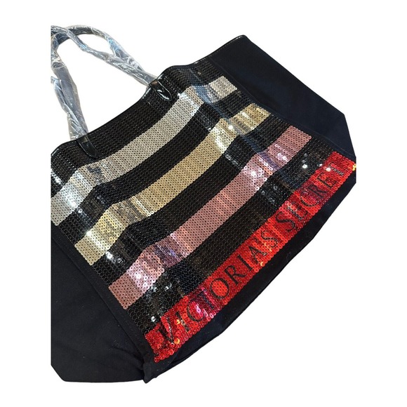 NEW Victorias Secret Large Sequin Tote Bag Black Colorful Stripe Bling Weekender - Picture 4 of 11